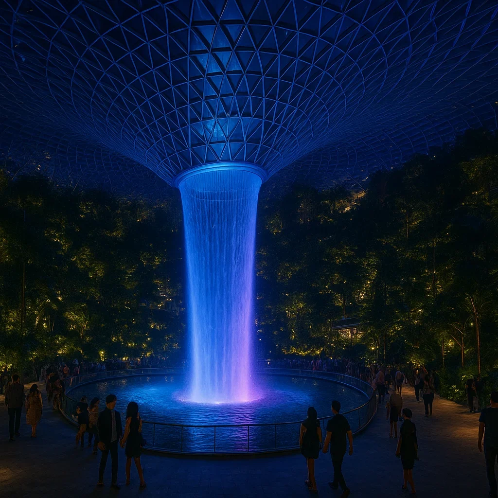 The Jewel Changi Airport at night in Singapore, showcasing the glowing Rain Vortex waterfall illuminated in blue and purple hues. Lush indoor greenery, futuristic glass dome architecture, and people strolling around enjoying the vibrant nighttime ambience. Magical, modern, and immersive feel.