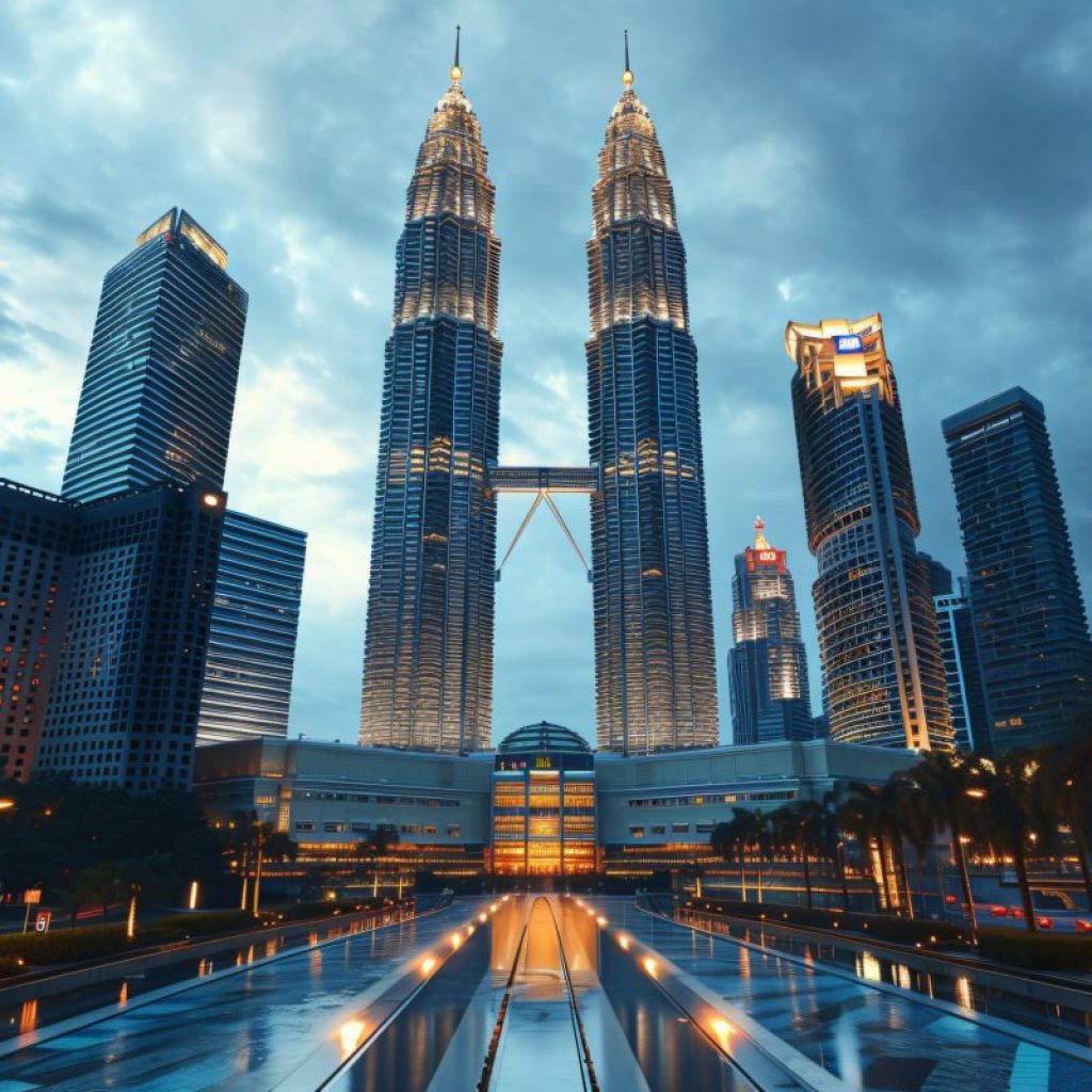 Showcases the Petronas Twin Towers in Kuala Lumpur, Malaysia, beautifully illuminated against a dramatic, cloudy sky. The towers are flanked by other modern skyscrapers, reflecting on a sleek, wet surface in the foreground, creating a captivating urban landscape.