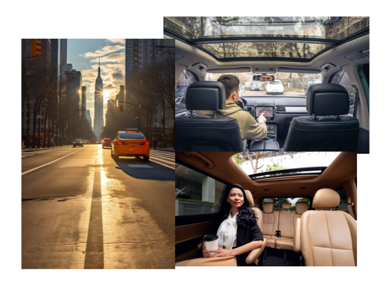 A collage featuring four images of a car alongside a woman and a man, showcasing their interaction and surroundings.