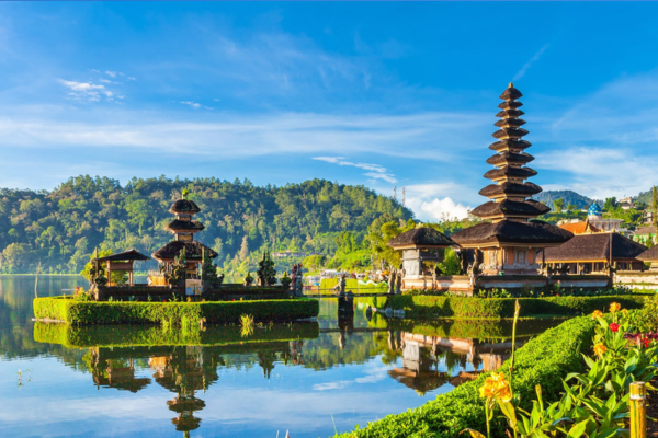 A scenic view of Bali Island, Indonesia, showcasing lush greenery and vibrant landscapes under a clear blue sky.