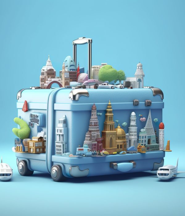 Blue suitcase full of landmarks and travel accessories on blue background.