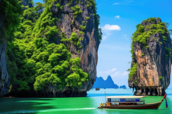 Longtail boat at Ha Long bay, Quang Ninh province, Vietnam, Amazed nature scenic landscape of James Bond Island with a boat for a traveler in Phang-Nga Bay, AI Generated