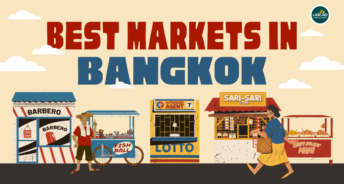 Illustrated image of street market stalls with a banner reading "Best Markets in Bangkok." Stalls include a barber, fish ball vendor, lotto agent, sari-sari store, and a food stand.