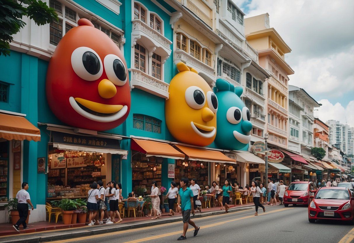 A group of people walking on a street, accompanied by a large cartoon character, with buildings in the background and cars parked nearby. The scene is outdoors under a clear sky.