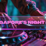 A DJ turntable with bright lights is set up in front of a crowd of people watching attentively, during a lively nightlife event in Singapore.