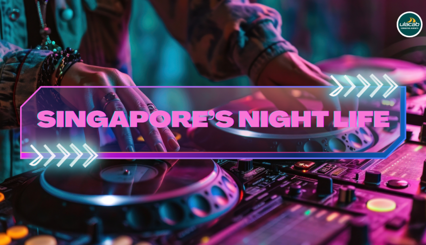 A DJ turntable with bright lights is set up in front of a crowd of people watching attentively, during a lively nightlife event in Singapore.