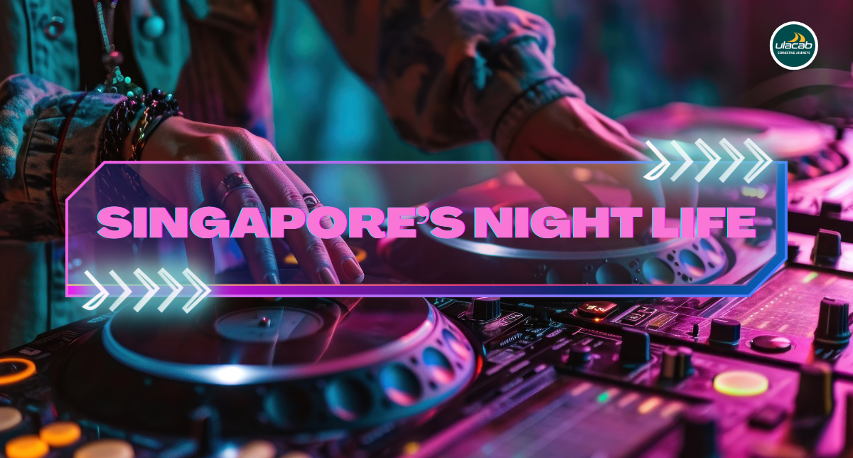 A DJ turntable with bright lights is set up in front of a crowd of people watching attentively, during a lively nightlife event in Singapore.