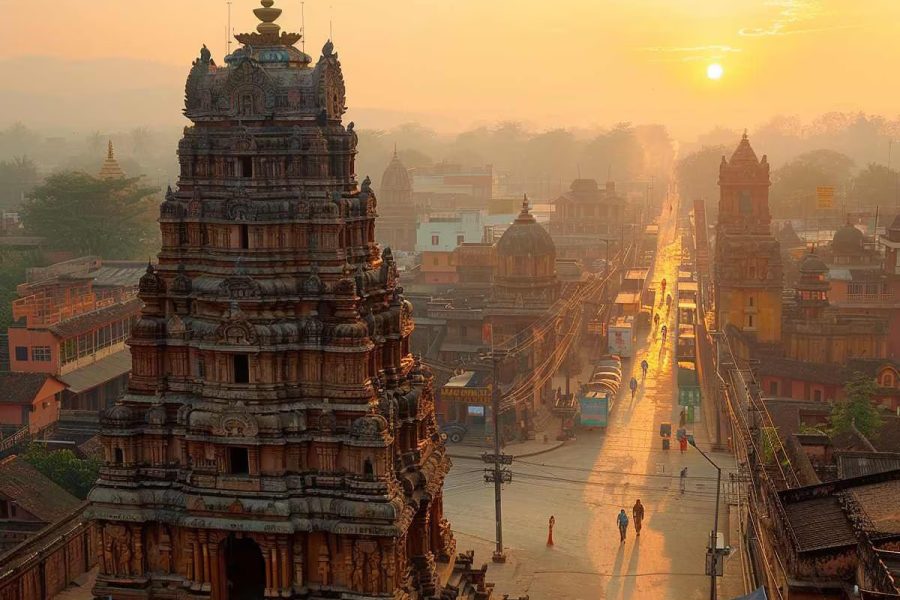 Sunrise over an ancient temple with a bustling street below.