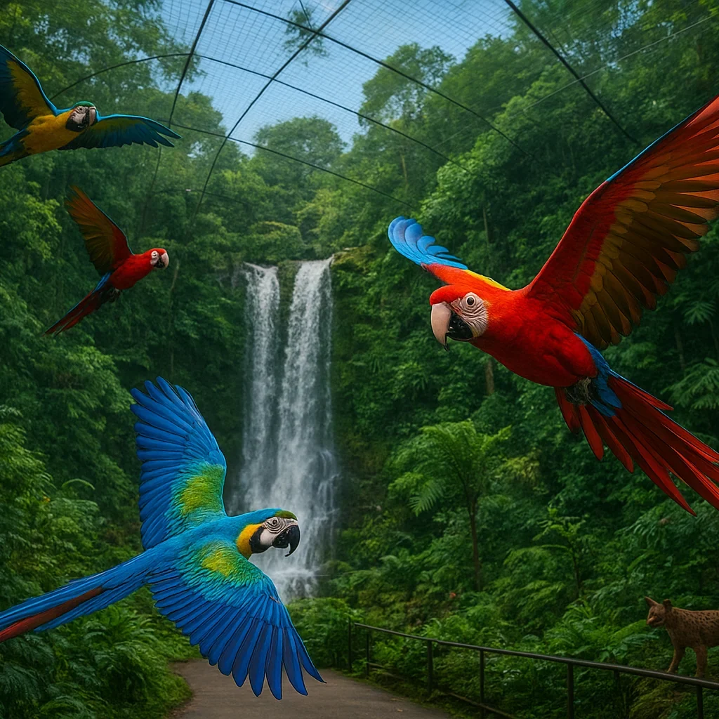 Bright tropical birds flying across the aviary at Jurong Bird Park Singapore.