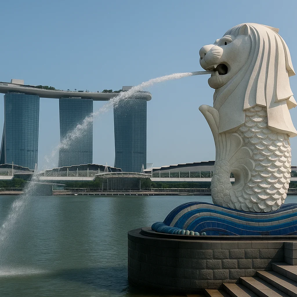 Merlion statue at Merlion Park Singapore with Marina Bay Sands in the background