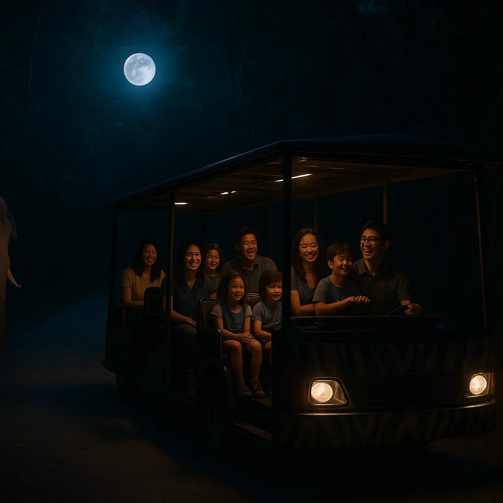 Guests enjoying the Night Safari tram ride through nocturnal animal zones in Singapore.