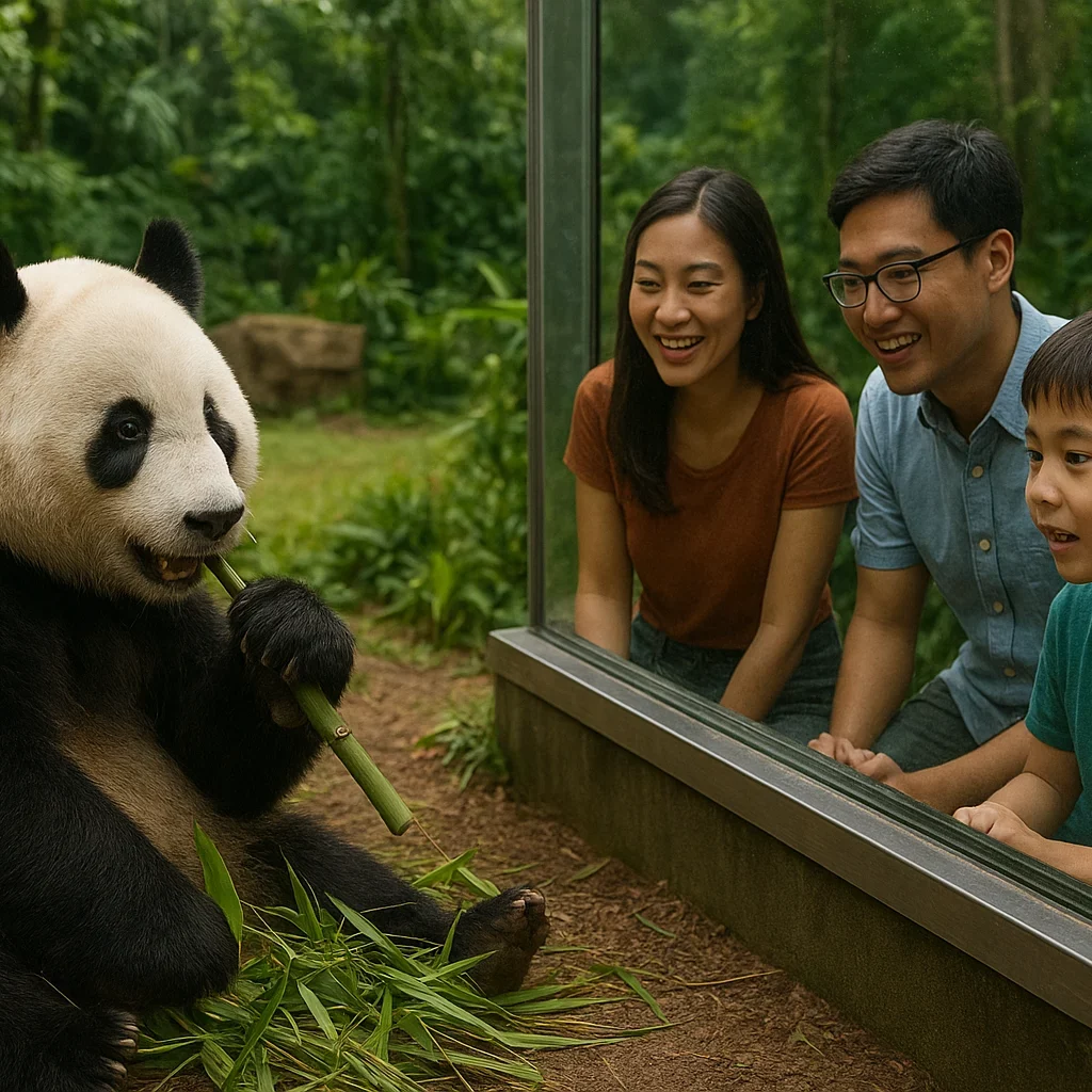 Giant Panda feeding at River Wonders Singapore with visitors viewing the enclosure.