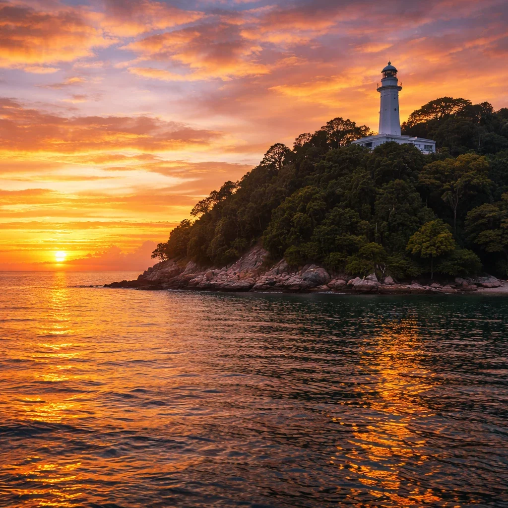 Cape Rachado Lighthouse seen from the sea during sunset, Port Dickson coastline, glowing sky reflections on water, peaceful atmosphere, high-detail travel photography