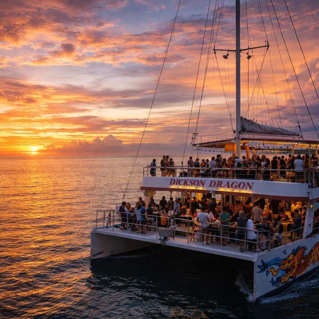 Vibrant sunset cruise at Port Dickson aboard the Dickson Dragon boat, golden sunset over the Malacca Strait, calm sea, dramatic sky colors, cinematic wide-angle travel photography, ultra-realistic, high saturation