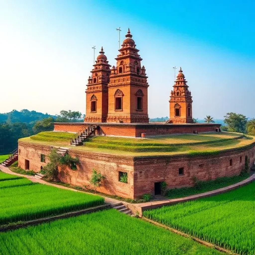 Banh It Towers ancient Cham temple complex in Binh Dinh Province, red brick towers on a hilltop, surrounded by lush green rice fields, clear blue sky, traditional Vietnamese countryside, historical architecture, soft natural lighting, ultra realistic travel photography, 4k, detailed textures, wide landscape shot