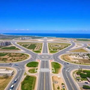 Roads surrounding Cam Ranh International Airport, wide empty streets, sparse buildings, coastal landscape, clear blue sky, peaceful and minimal environment