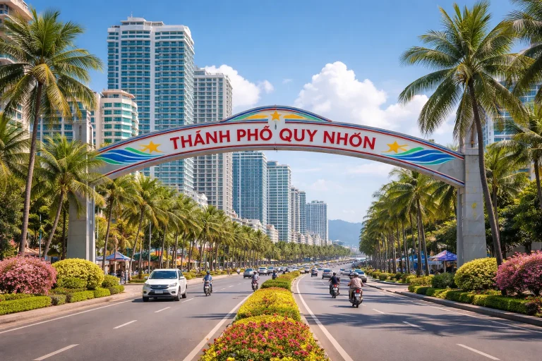 City entrance view of Quy Nhon Downtown, modern Vietnamese coastal city, mix of buildings and palm trees, clean streets, bright daylight, urban tropical vibe