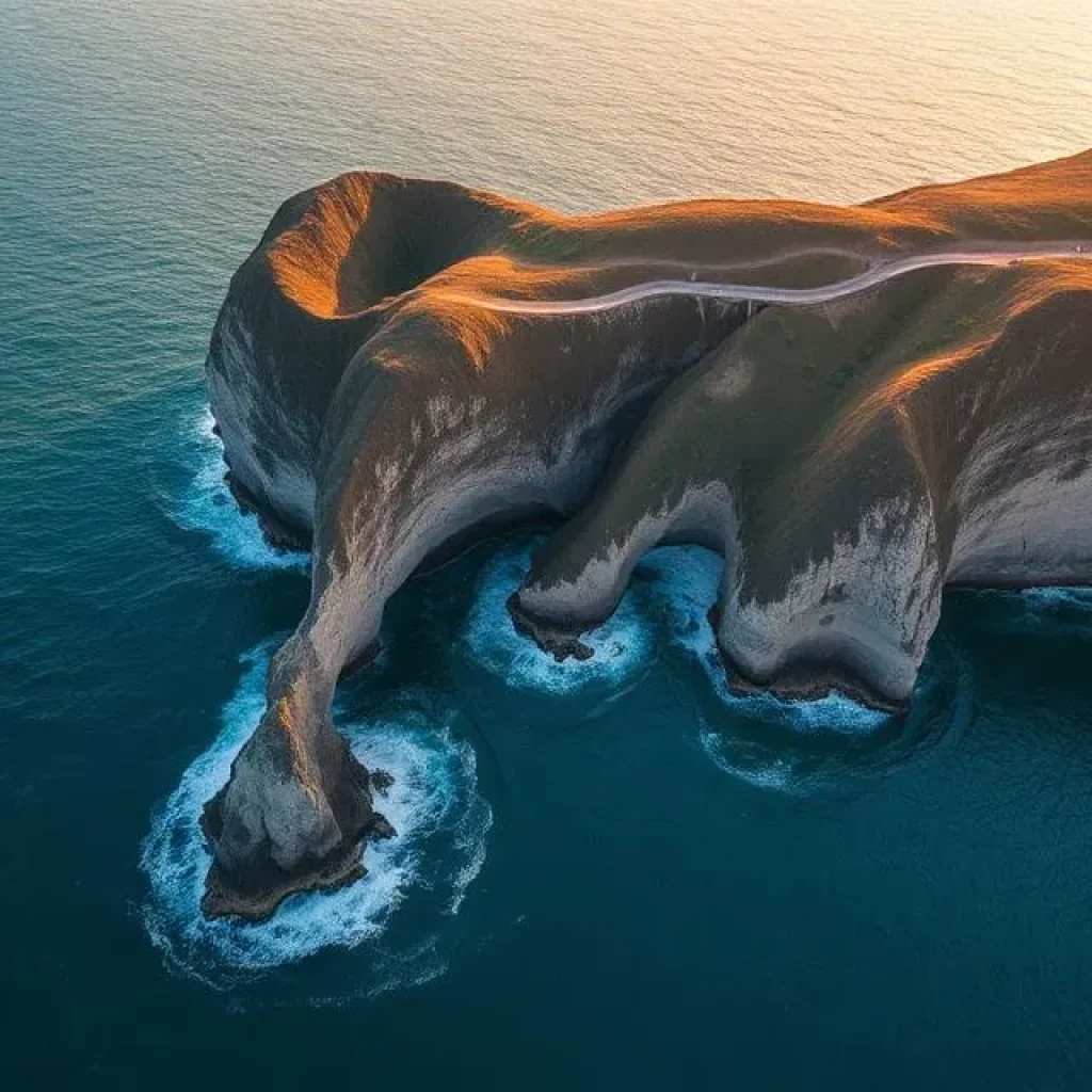 Eo Gio coastal cliffs in Binh Dinh Province, dramatic curved rock formations, winding coastal walkway hugging the cliffs, deep blue ocean waves crashing below, panoramic viewpoint, golden hour sunlight, strong sea breeze atmosphere, cinematic lighting, ultra realistic, 4k, high detail, aerial perspective