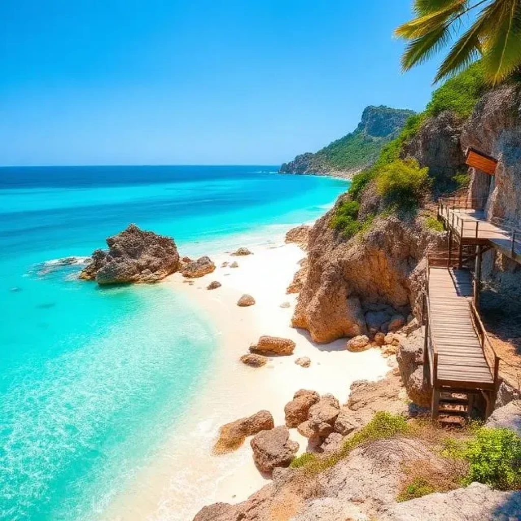 Ky Co Beach in Quy Nhon, turquoise crystal-clear water, soft white sand, rocky cliffs surrounding a secluded bay, wooden walkways along the hillside, bright tropical sunlight, vibrant blue sky, gentle waves, no crowds, cinematic composition, ultra realistic travel photography, 4k, HDR, wide angle lens