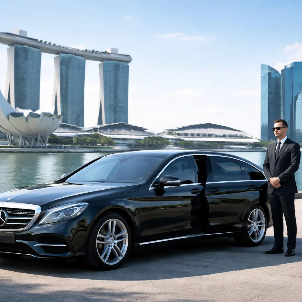 Private hourly car rental in Singapore with chauffeur and city skyline.