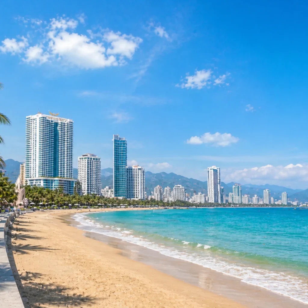 Beachfront area of Nha Trang Downtown, sandy beach, turquoise water, gentle waves, promenade, peaceful tropical setting, wide-angle scenic view