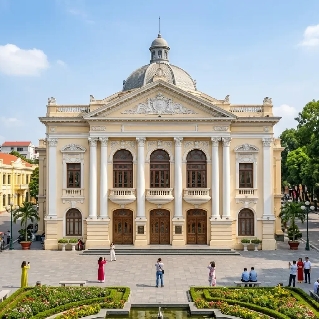 Hai Phong Opera House with French colonial architecture, elegant facade, wide square in front, tree-lined streets, bright daylight, cultural heritage building, ultra realistic travel photography