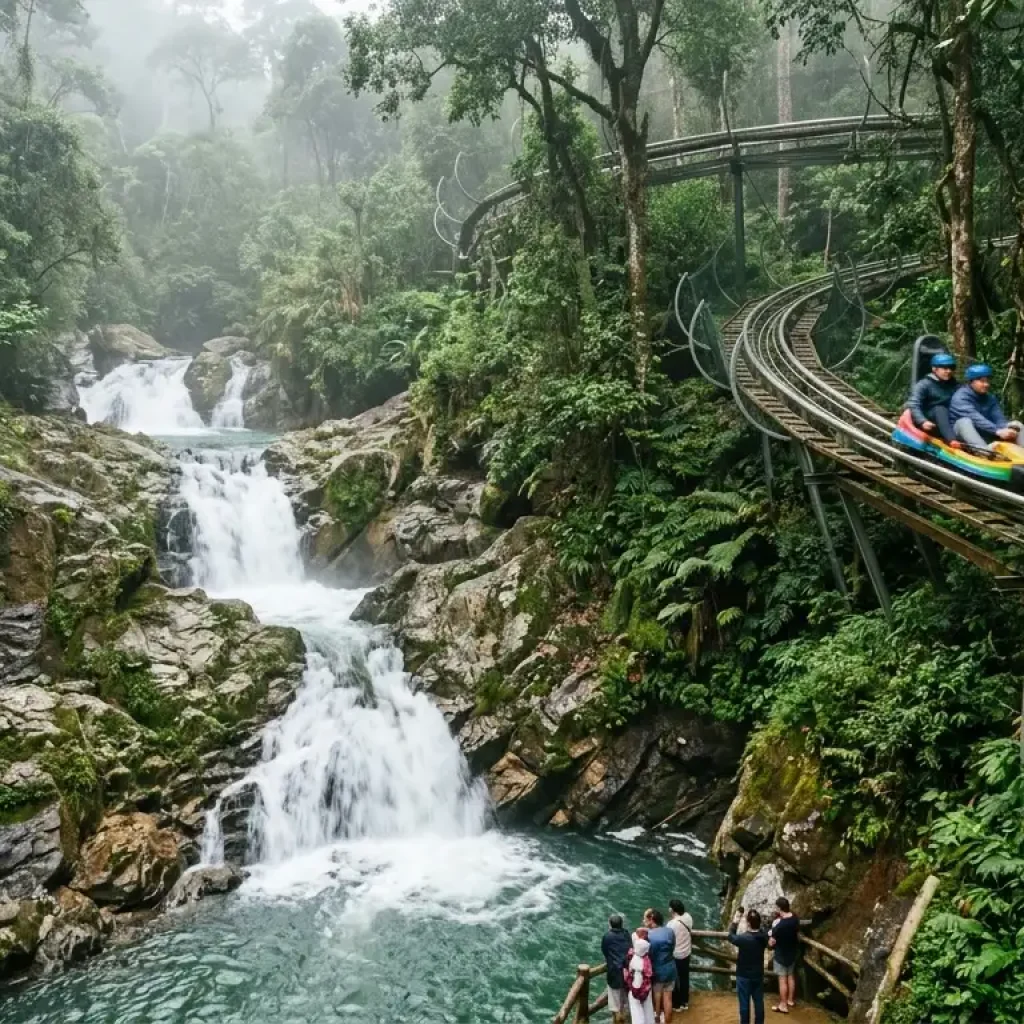 Datanla Waterfall in Da Lat with cascading water through rocky terrain, lush green forest, alpine coaster track through jungle, misty atmosphere, dynamic natural scenery, ultra realistic travel photography