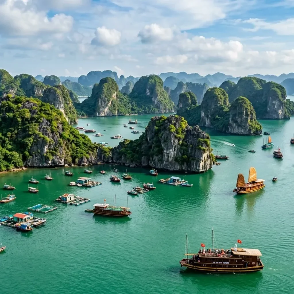 Cat Ba Island with limestone karsts, emerald water, boats floating in Lan Ha Bay, lush green hills, tropical island scenery, ultra realistic travel photography, 4k