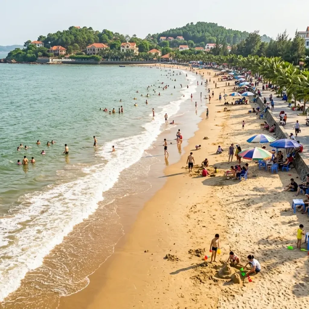 Do Son Beach in Hai Phong with sandy shoreline, gentle waves, seaside promenade, palm trees, local visitors enjoying the beach, bright sunlight, ultra realistic travel photography