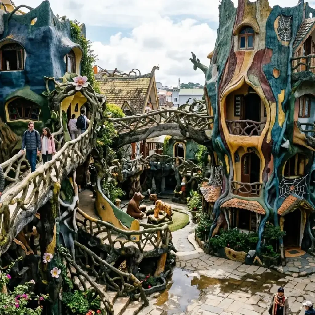 Crazy House Da Lat with surreal organic architecture, twisting structures, tree-like buildings, vibrant colors, fantasy design, artistic details, ultra realistic travel photography