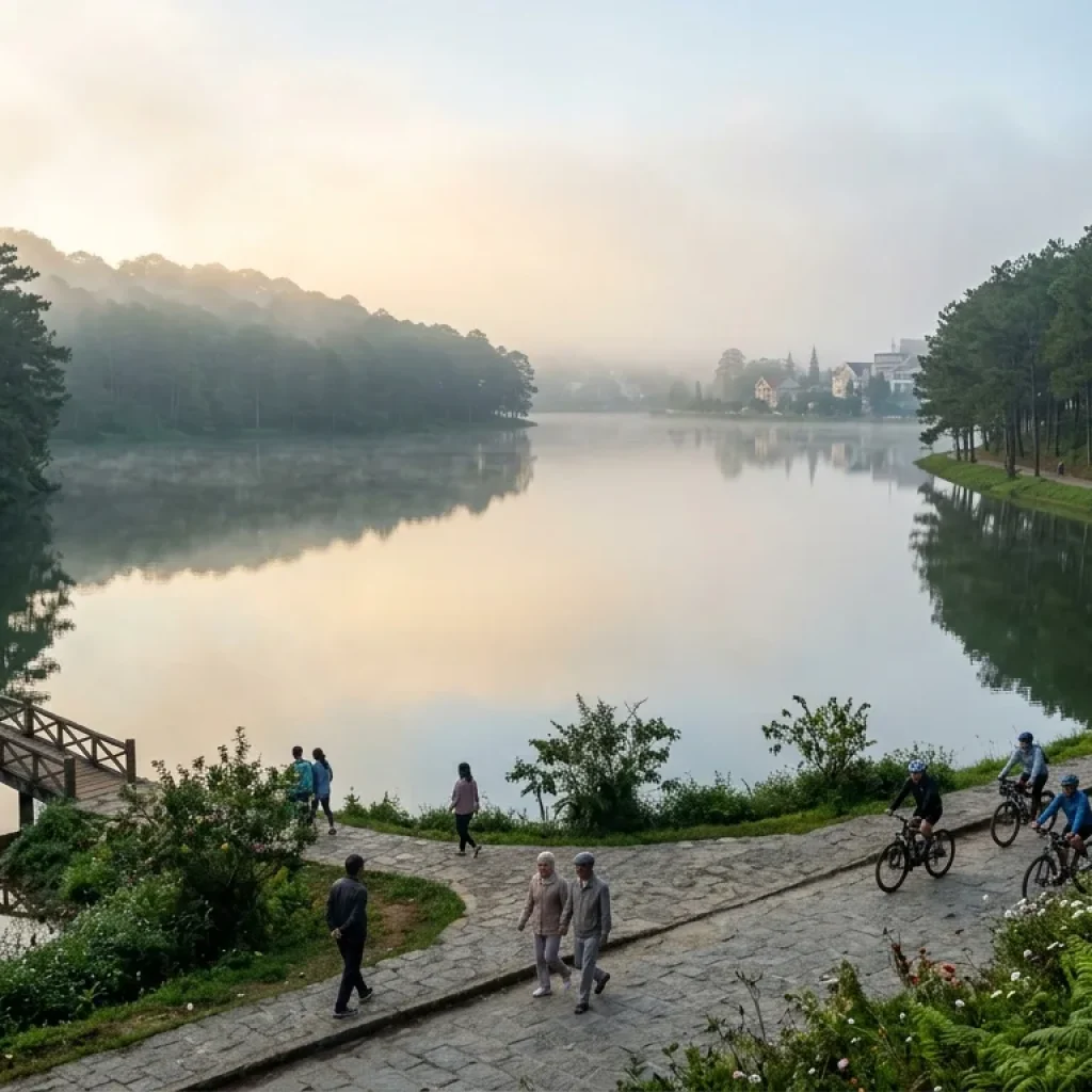 Xuan Huong Lake in Da Lat with calm water, pine trees surrounding the lake, misty morning atmosphere, walking paths and cyclists, soft sunlight, peaceful scenery, ultra realistic travel photography, 4k