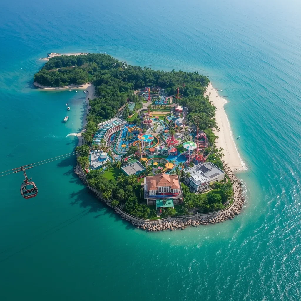 Aerial view of VinWonders Nha Trang on Hon Tre Island, vibrant theme park, colorful rides, surrounding turquoise sea, cable car lines over water, tropical island setting, bright daylight