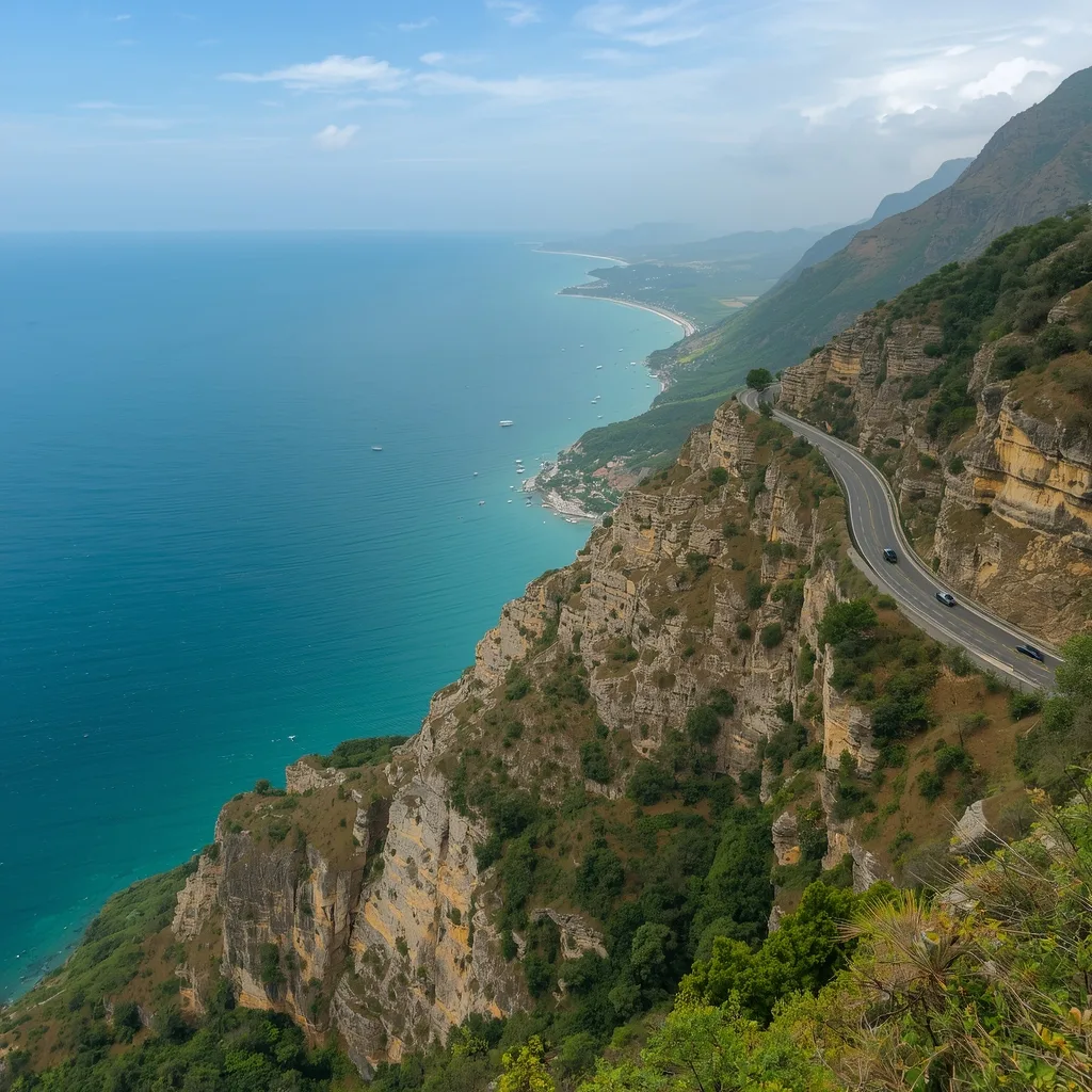“Coastal road leading to Vinh Hy Bay, winding mountain road, steep cliffs, deep blue ocean below, expansive horizon, cinematic travel landscape”