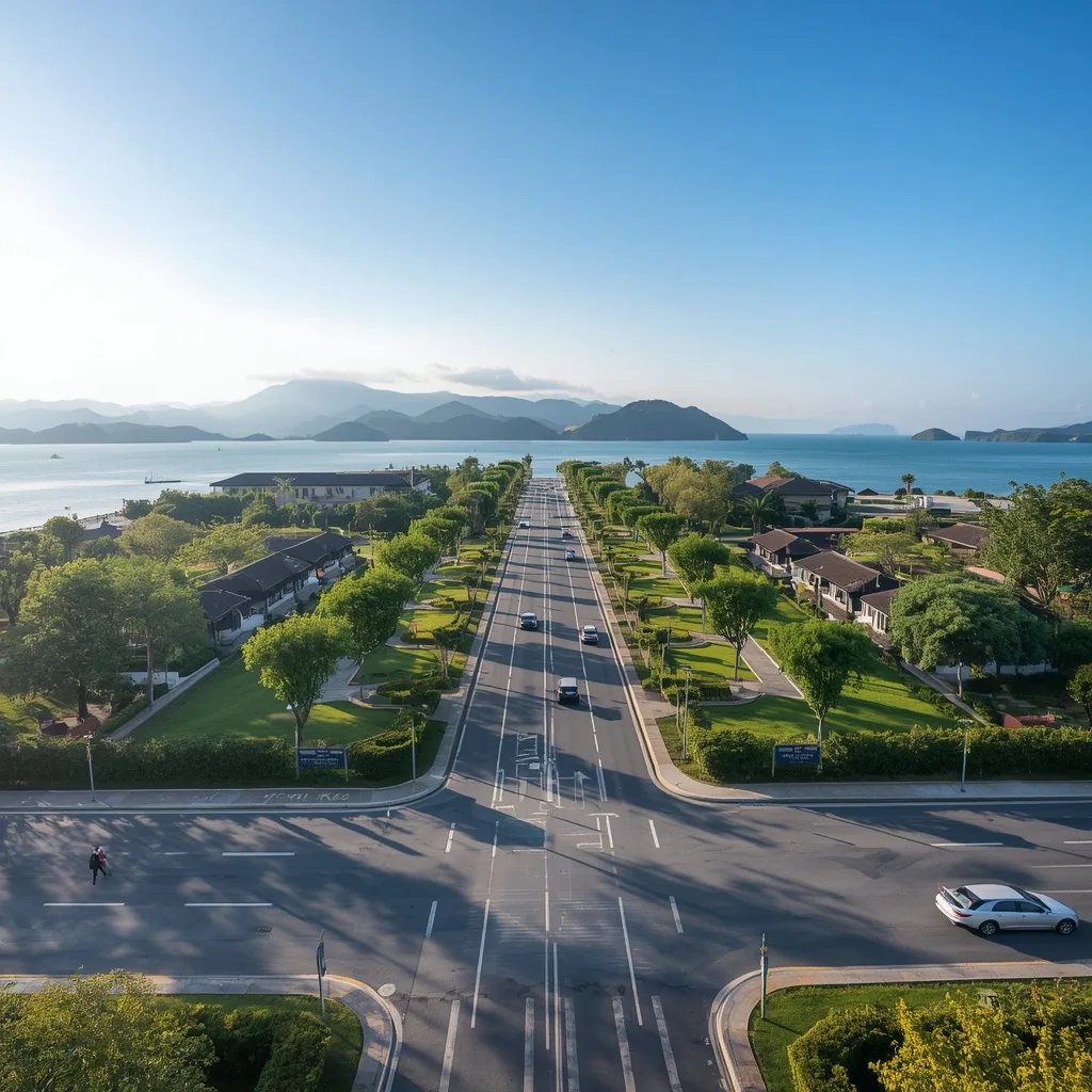 “Entrance boulevard of Tuan Chau Island, landscaped roads, resort-style surroundings, greenery, modern infrastructure, welcoming island vibe, sunny day”