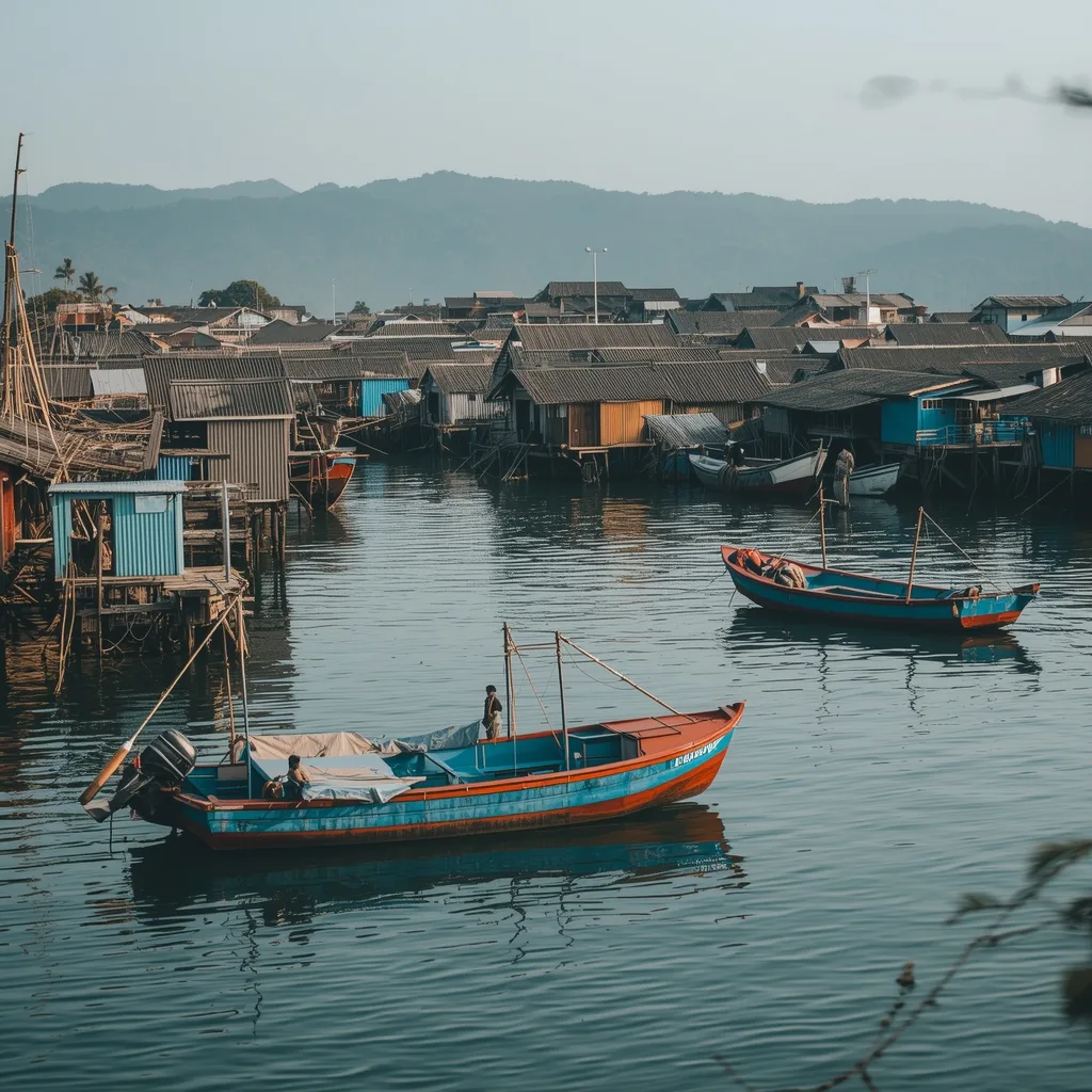 “Fishing village at Vinh Hy Bay, floating houses, colorful boats, calm sheltered waters, authentic Vietnamese coastal life, soft natural light”