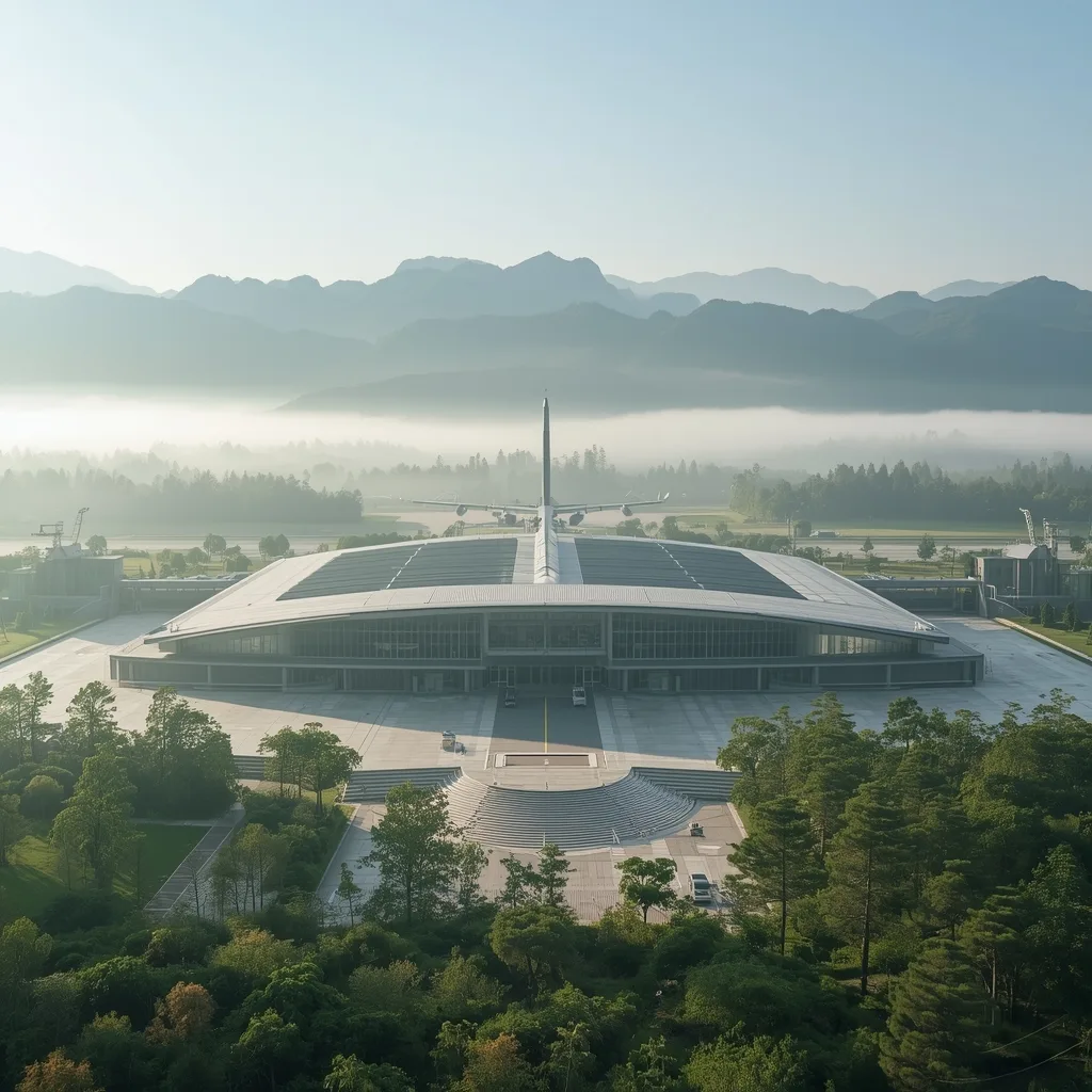 Lien Khuong International Airport exterior, modern terminal surrounded by highland scenery, pine trees, misty mountains, cool climate atmosphere, soft morning light, minimal travel composition