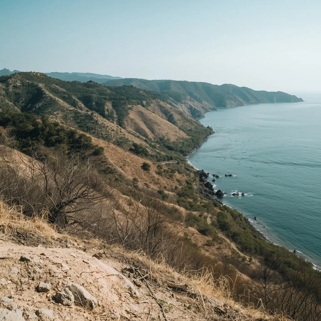 “Nui Chua National Park near Vĩnh Hy, dry forest landscape, rocky hills, unique semi-arid terrain meeting the sea, untouched nature, bright sunlight”