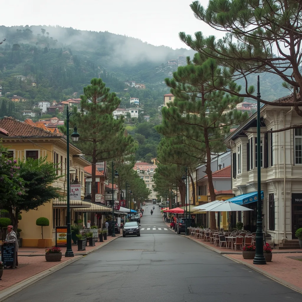 Street view in central Da Lat City Center, charming hillside city layout, pine trees, cafes, flower displays, light mist, European-style architecture, peaceful highland vibe
