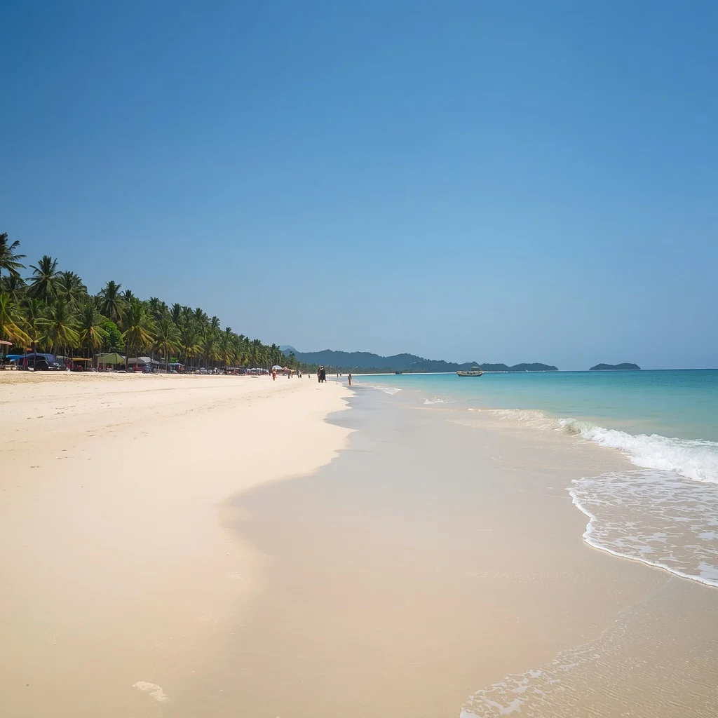 “Tuan Chau Island beach area, wide sandy shoreline, gentle waves, palm trees, clean and less crowded environment, bright tropical daylight, serene coastal landscape”