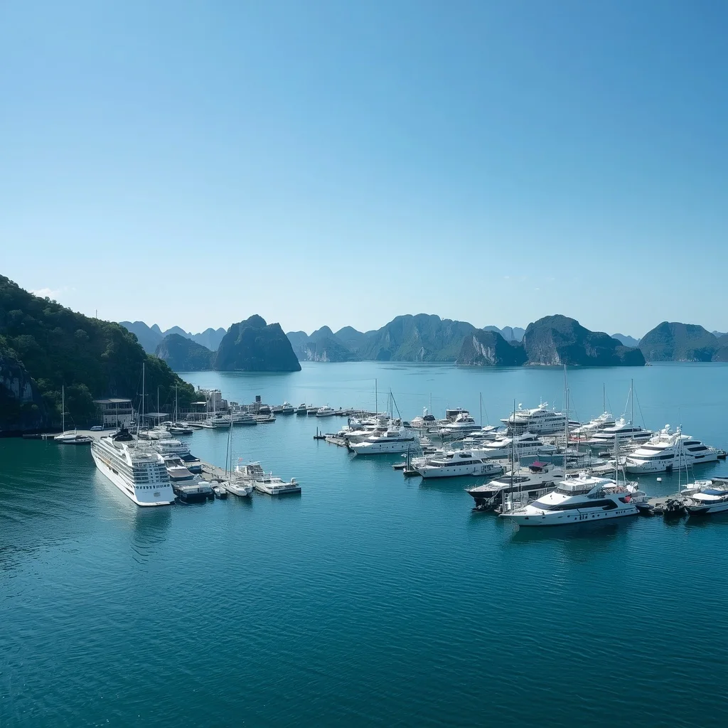 “Tuan Chau Island marina, luxury cruise boats docked, calm blue water, surrounding limestone karsts in distance, clear sky, organized harbor, premium coastal setting”