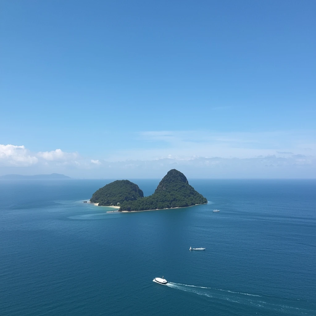 “View of Hon Rua Island (Turtle Island) from coastline near Amiana Resort Nha Trang, unique island silhouette, blue sea, clear sky, serene tropical environment”