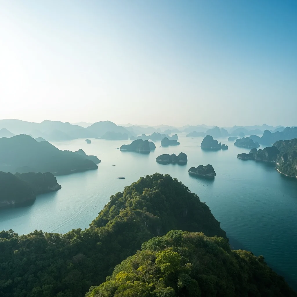 “Wide panoramic view from Tuan Chau Island overlooking Ha Long Bay, limestone karsts rising from the sea, expansive horizon, soft sunlight, cinematic natural scenery”