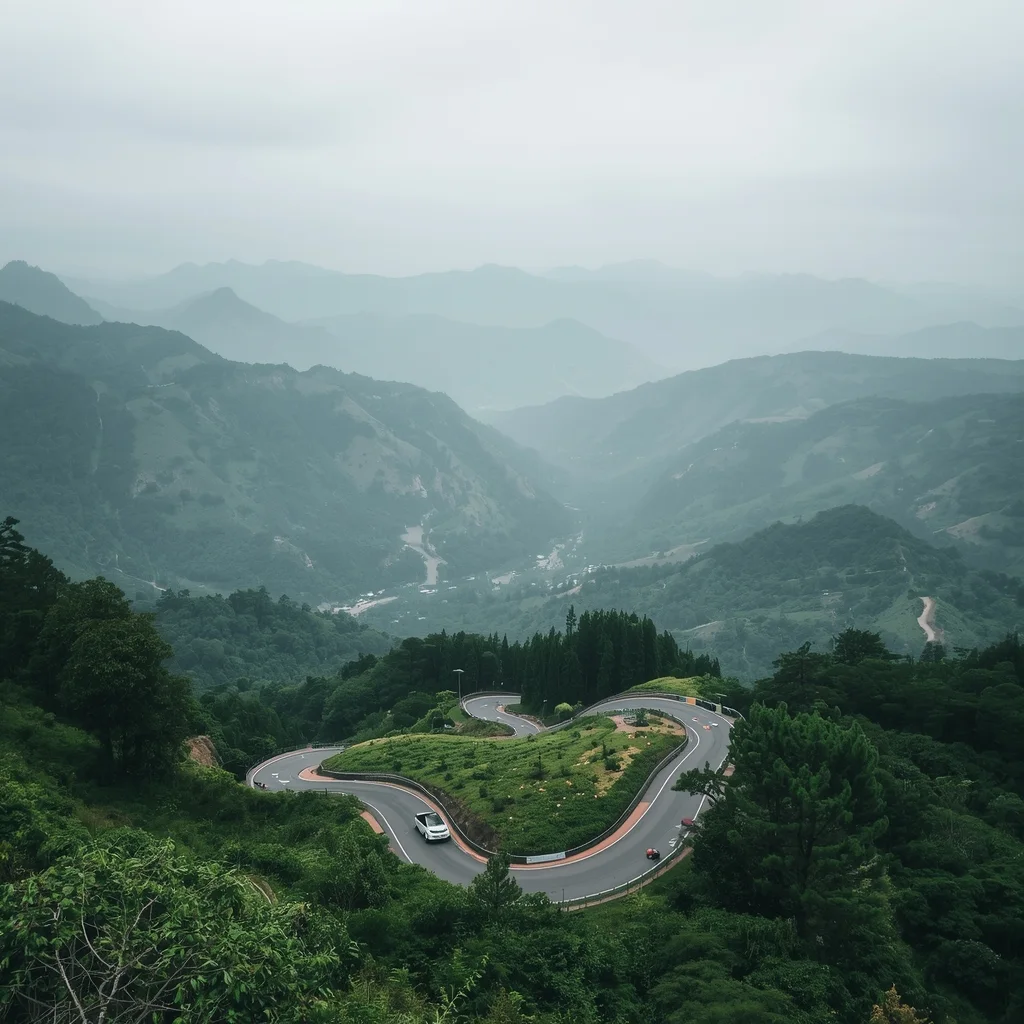Winding mountain road from Lien Khuong International Airport towards Da Lat City Center, pine forests on both sides, rolling hills, mist floating over valleys, cinematic wide-angle landscape