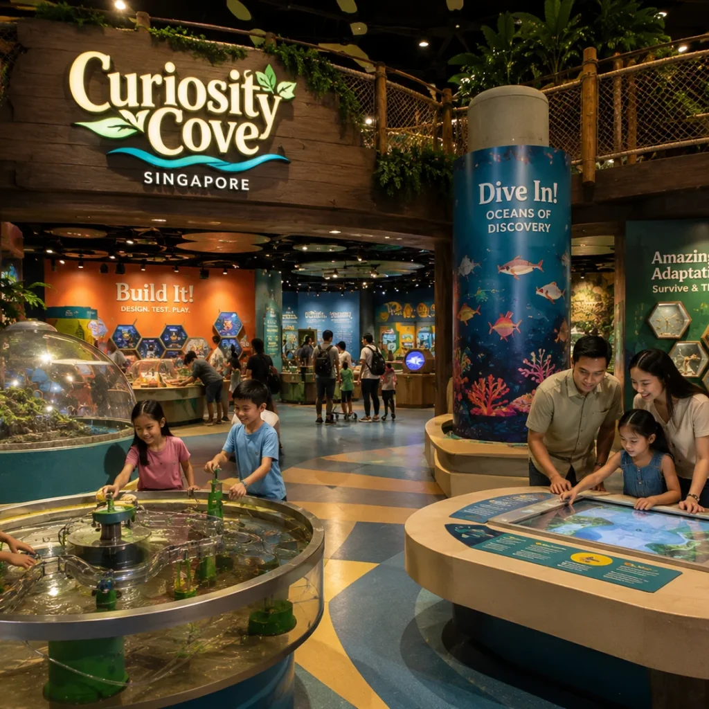 Curiosity Cove educational experience, curious children interacting with immersive nature-themed displays, marine life and wildlife-inspired exhibits, engaging sensory activities, colorful learning stations, excitement and wonder on children's faces, modern attraction design, realistic photography, vibrant colors, family adventure destination, 4K quality.