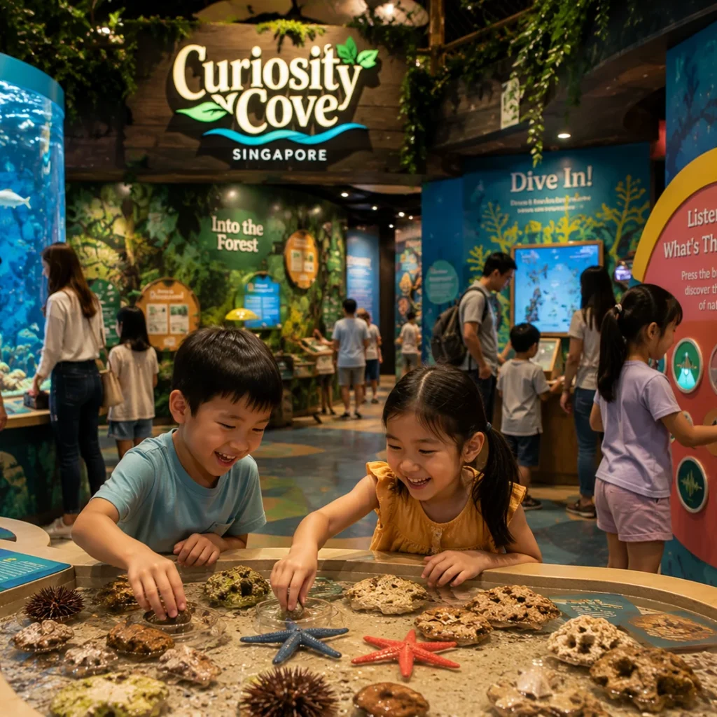 Curiosity Cove Singapore indoor attraction, futuristic interactive exhibits combining science, wildlife and exploration themes, children and families engaged in hands-on learning experiences, colorful digital displays, inspiring educational environment, cinematic lighting, ultra-realistic photography, vibrant details, premium tourism promotional image, 4K resolution.