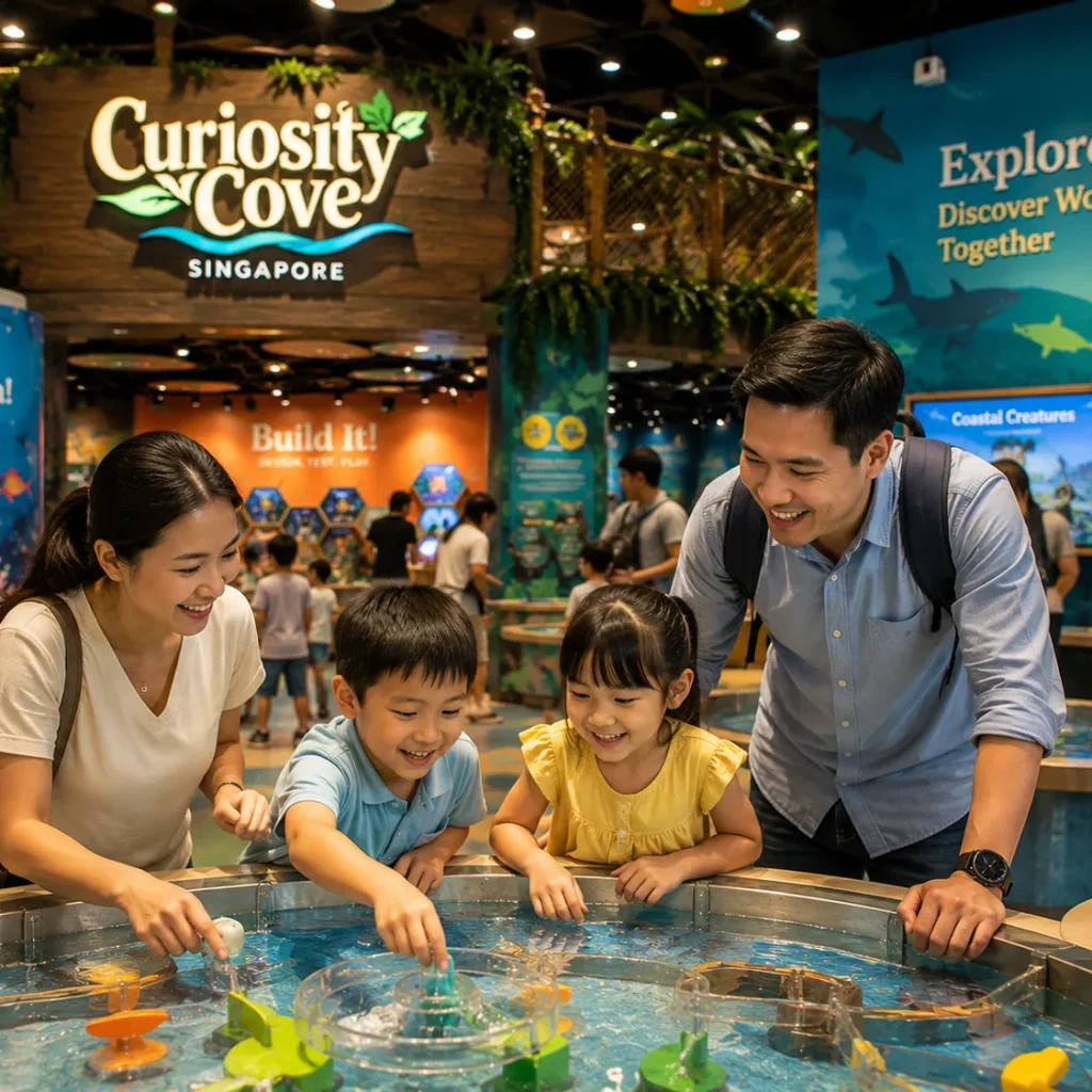 Happy family enjoying Curiosity Cove Singapore, children participating in interactive discovery activities, educational play environment, creative exploration zones, bright and welcoming atmosphere, modern architecture, engaging exhibits encouraging curiosity and learning, realistic travel photography, highly detailed, tourism advertisement style, 4K.