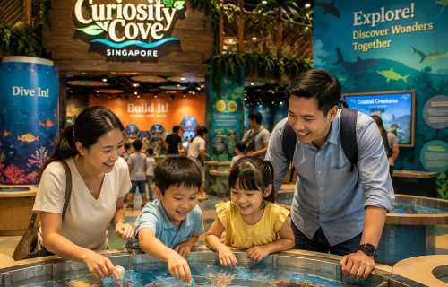 Happy family enjoying Curiosity Cove Singapore, children participating in interactive discovery activities, educational play environment, creative exploration zones, bright and welcoming atmosphere, modern architecture, engaging exhibits encouraging curiosity and learning, realistic travel photography, highly detailed, tourism advertisement style, 4K.