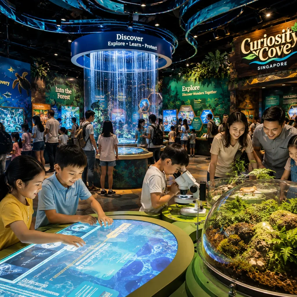 Curiosity Cove Singapore indoor attraction, futuristic interactive exhibits combining science, wildlife and exploration themes, children and families engaged in hands-on learning experiences, colorful digital displays, inspiring educational environment, cinematic lighting, ultra-realistic photography, vibrant details, premium tourism promotional image, 4K resolution.