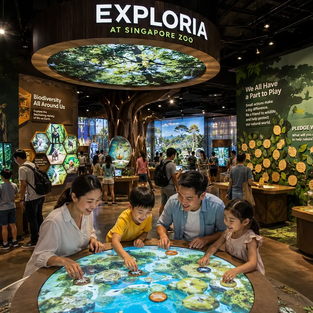 Exploria at Singapore Zoo, immersive indoor wildlife discovery experience, visitors exploring interactive exhibits inspired by nature and biodiversity, modern multimedia displays, educational storytelling zones, vibrant digital installations, families and children engaged in hands-on learning, bright and welcoming environment, ultra-realistic photography, tourism marketing quality, 4K resolution.