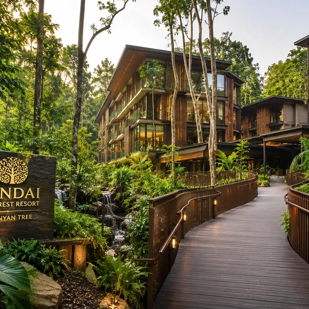 Mandai Rainforest Resort Singapore, luxury eco-resort surrounded by lush tropical rainforest, contemporary architecture blending into nature, elevated walkways, serene landscaping, soft morning light, tranquil atmosphere, ultra-realistic photography, vibrant green tones, premium travel marketing image, 4K resolution